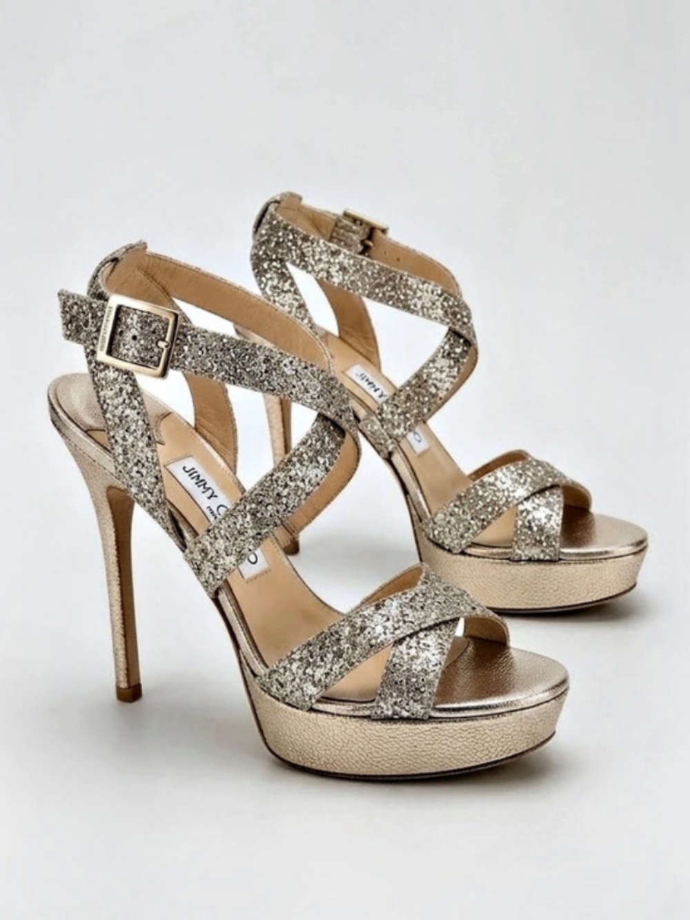 Jimmy Choo Champagne Glitter Strappy Stiletto Platform Heels Size 37.5 / US 7